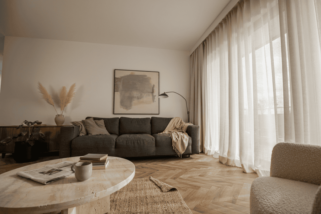 12 Popular Home Interior Design Types Explained (How to Find Your Style) contemporary style living room interior in crisp white and a charcoal colored sofa with a blanket on the sofa