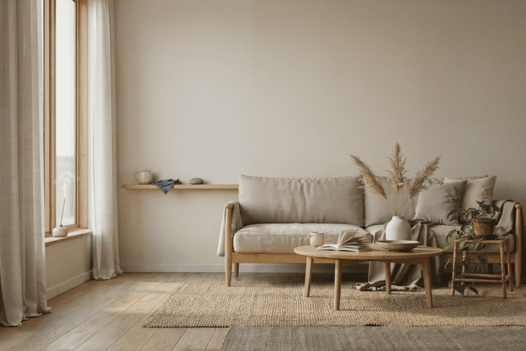 12 Popular Home Interior Design Types Explained (How to Find Your Style) a neutral toned Japandi style living room with a plant on a wooden stool and plain blank walls