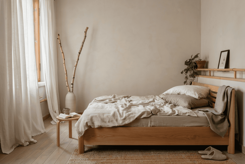 Designing a Japandi Bedroom for Restorative Peace: The Science of Serenity a japandi style bedroom interior in neutral tones, with a plant, a small painting above the bed, a vase on the floor with large tree branches, a small tablet at the foot of the bed with a mug and book and some slippers beside the bed on the floor
