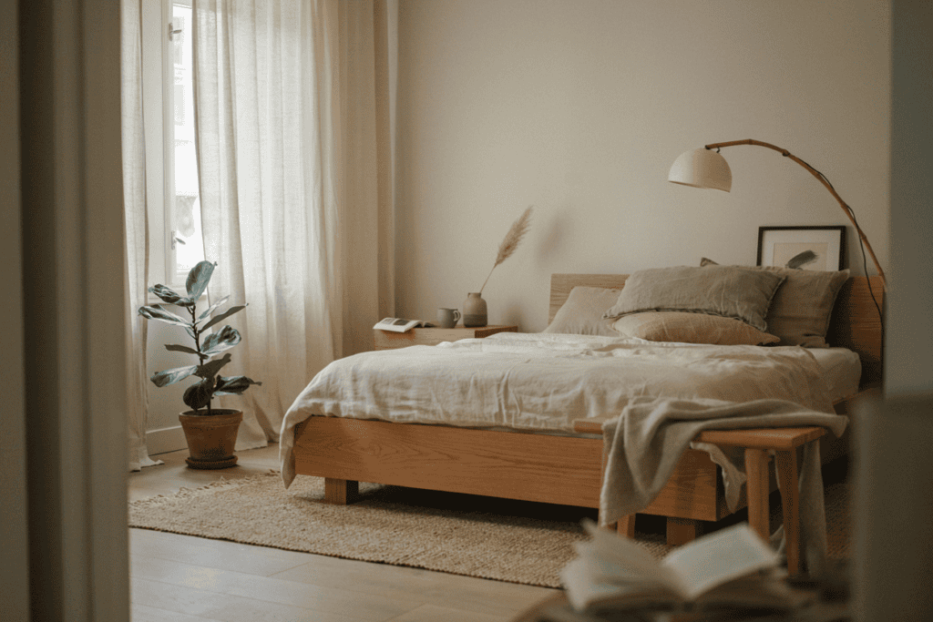 Designing a Japandi Bedroom for Restorative Peace: The Science of Serenity a japandi style bedroom in neutral tones, with a potted plant on the floor, a reading lamp and open book in the foreground
