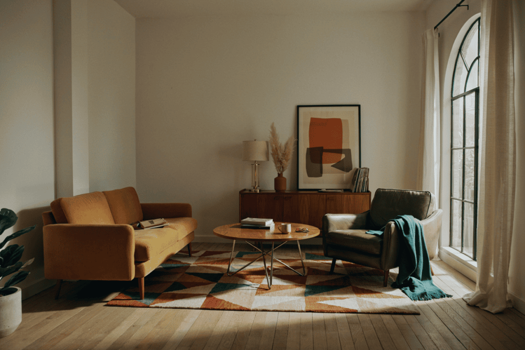 12 Popular Home Interior Design Types Explained (How to Find Your Style) mid-century-modern living room in Warm wood tones paired with mustard yellow, olive green, teal, and burnt orange