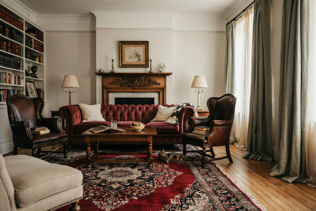 12 Popular Home Interior Design Types Explained (How to Find Your Style) traditional style living room in Deep burgundy, warm cream, and rich mahogany wood tones.
