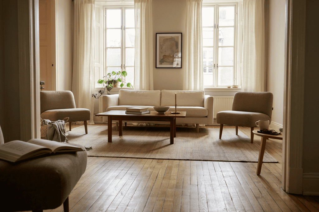 12 Popular Home Interior Design Types Explained (How to Find Your Style) A transitional style living room interior with Monochromatic neutrals including off-white, warm gray, deep taupe with an open book on a chair in the foreground
