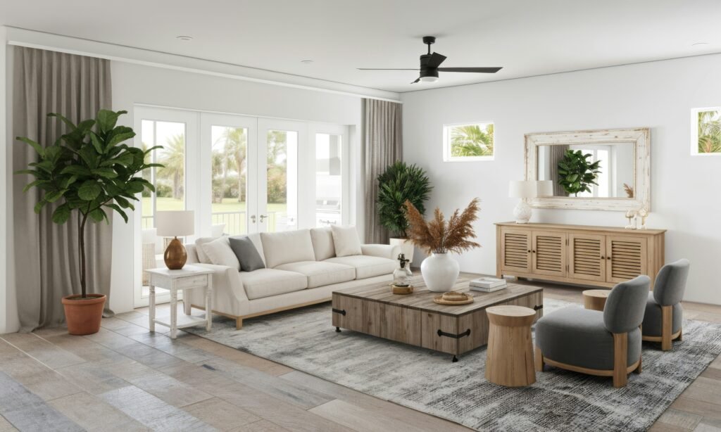 12 Popular Home Interior Design Types Explained (How to Find Your Style) coastal style living room interior with pure white, pale sky blue and warm sandy beige colors and two potted plants