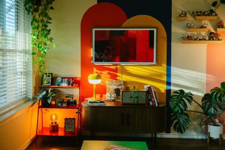 a colorful room with shelves and plants