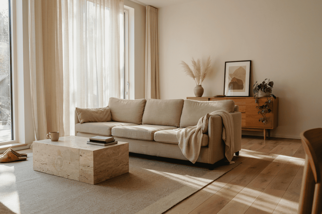 12 Popular Home Interior Design Types Explained (How to Find Your Style) a modern minimalist style living room with blanket on the sofa