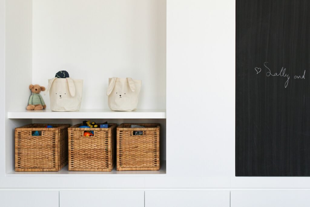 nursery bedroom wall with storage baskets