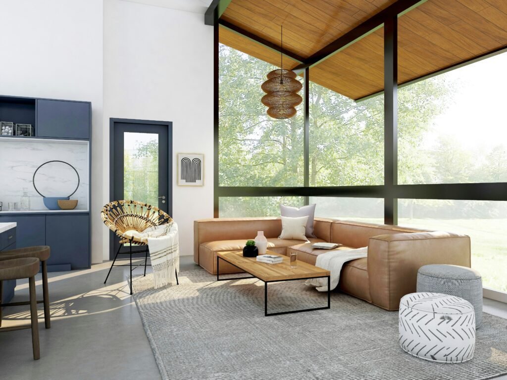 organic modern living room/kitchen interior with floor to ceiling windows 