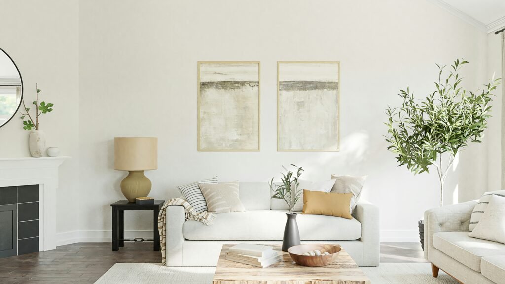 A neutral toned living room with plants