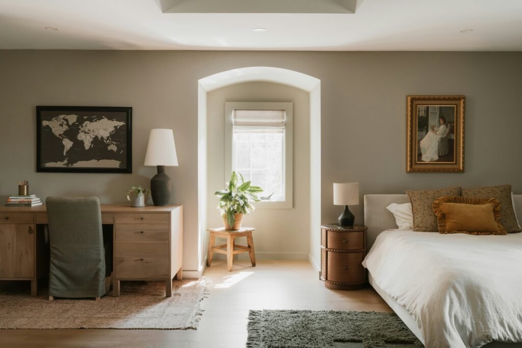 How to Create a Warm Minimalist Home: The Ultimate Design Guide warm minimalist bedroom with bed and desk and artwork of a map